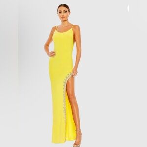 MAC DUGGAL Yellow Rhinestone Encrusted Side Slit Cami Bodycon Gown